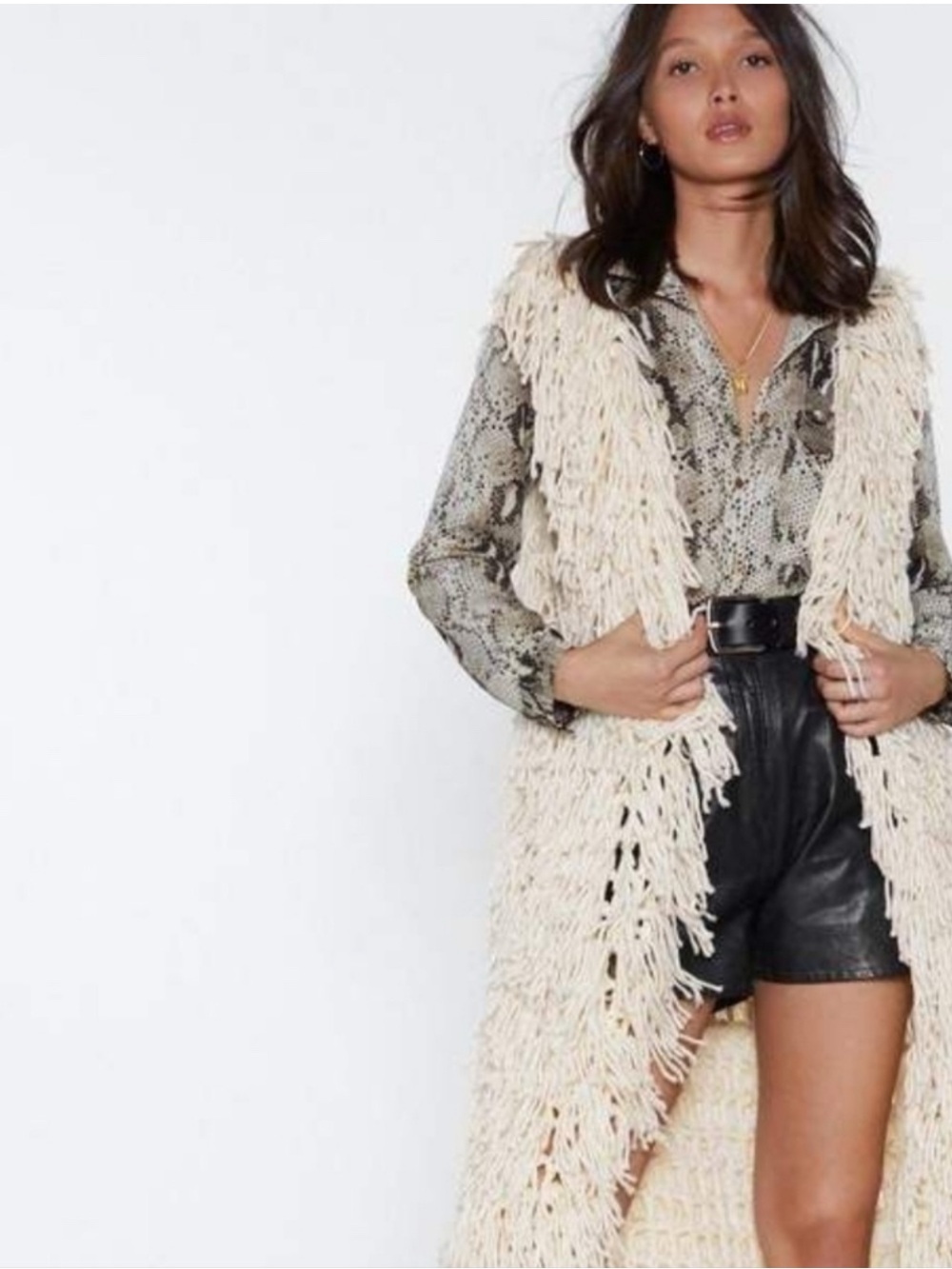 Nasty Gal Cream Open-Knit Fringe Vest